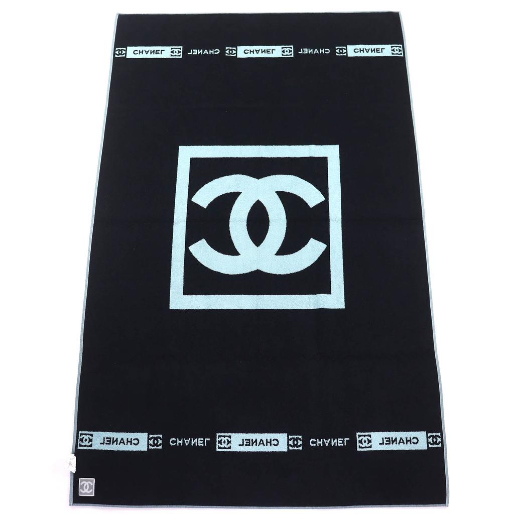 Great CHANEL COCO Mark Large Bath Towel and Towel Blanket Light blue black Used