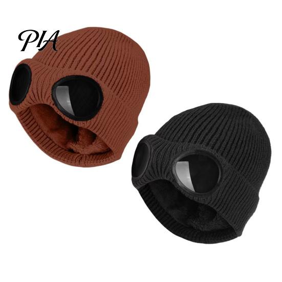 Warm Hat for Most Head Sizes 2Pcs Fleece Lined Hats with Goggles, Winter Knit Casual Accessory Outdoor Activities Hats, Windproof Skiing Caps