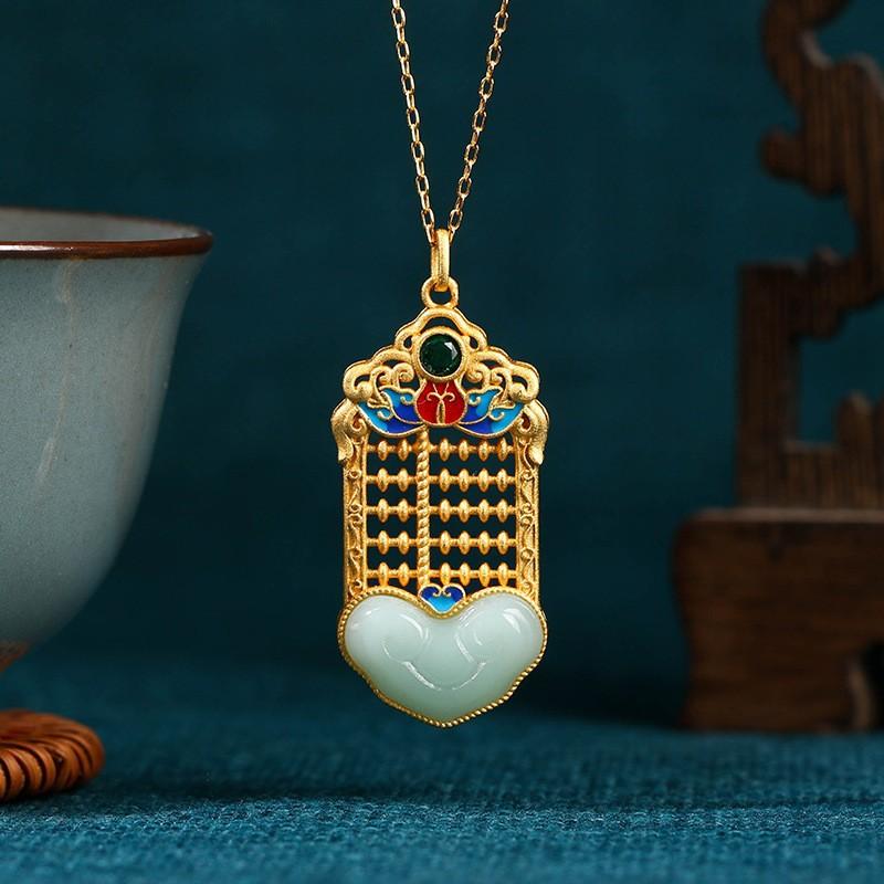 

New chinoiserie chinese style enamel imitation jade necklace summer women s classy hot style Electroplated gold