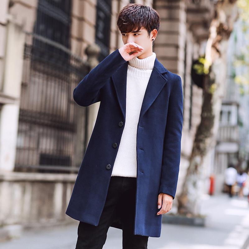 Men S Korean Style Slim Fit Solid Stand Collar Single Breasted Casual Woolen Overcoat