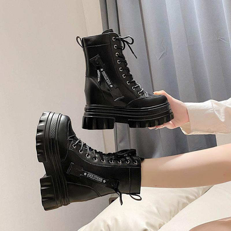Mote 9,5CM Dame Støvler Motorsykkelsko Dame Lær Chelsea Dame Klassisk Punk Kvinne Goth Sko Høy Plattform Dame Botas Mujer