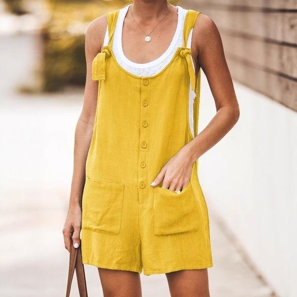women's Linen Blend Tie Knot Strap Button Front Pocketed Loose Short Overalls Bib Shorts