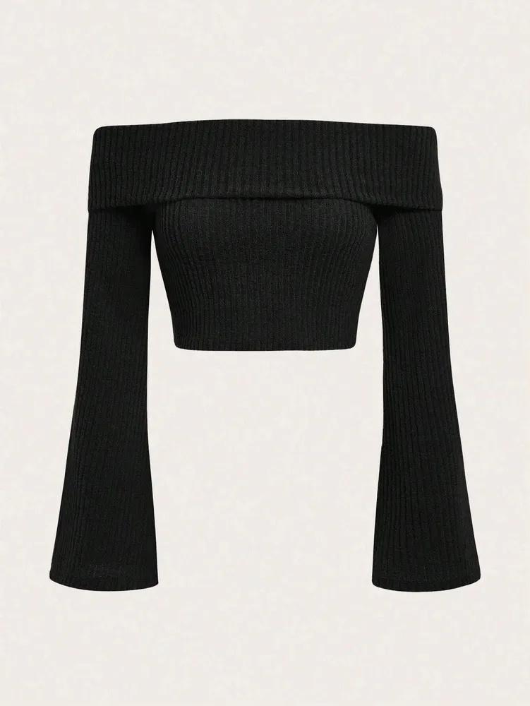 

Укороченный топ с длинным рукавом phumee с открытыми плечами и расклешенным низом, рубчик A1904 L чёрный