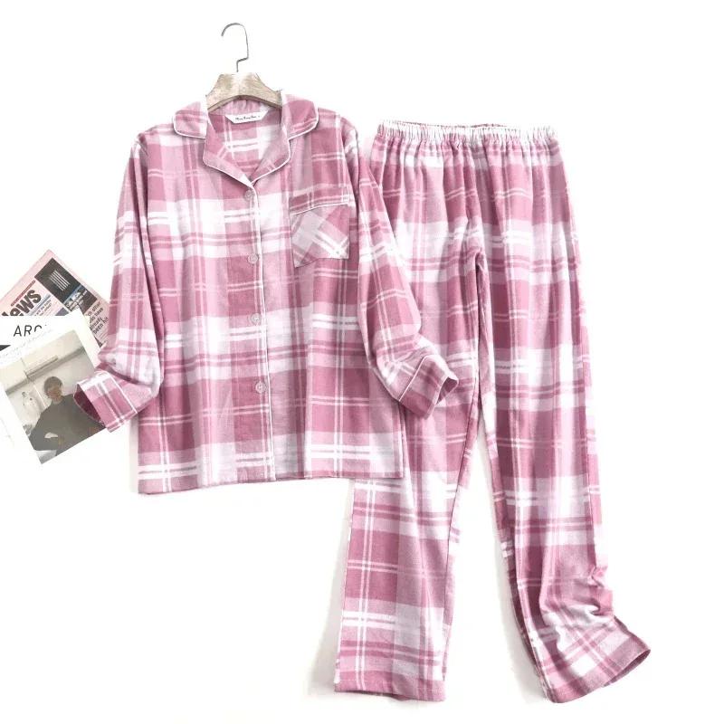 Pijama de Calça Comprida de Flanela de Algodão para Mulheres Roupa de Dormir Xadrez Roupa de Noite Feminina Calça de Manga Comprida Conjuntos de Pijama PJs com Bolsos