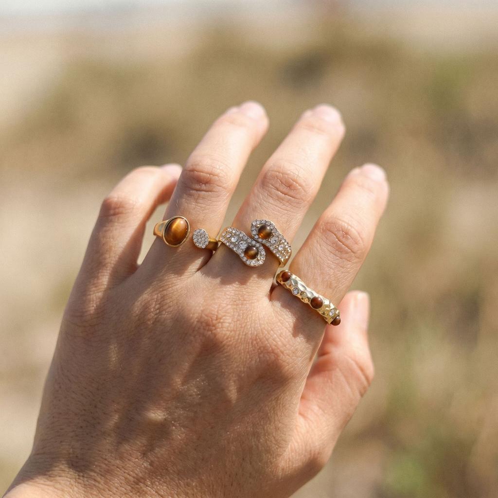 Women's Retro Tiger Eye Stone Open Ring Alloy Jewelry Set