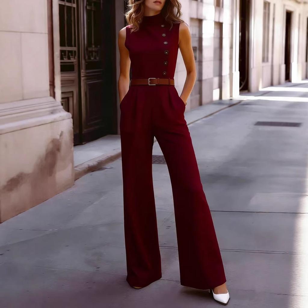 Neuer europäischer und amerikanischer Mode-Temperament ärmelloser einreihiger hochtaillierter figurbetonter Jumpsuit