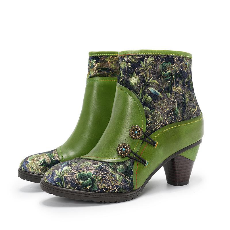 Johnature Retro Genuine Leather Patchwork Jacquard Fabric High-heeled Women's Short Boots