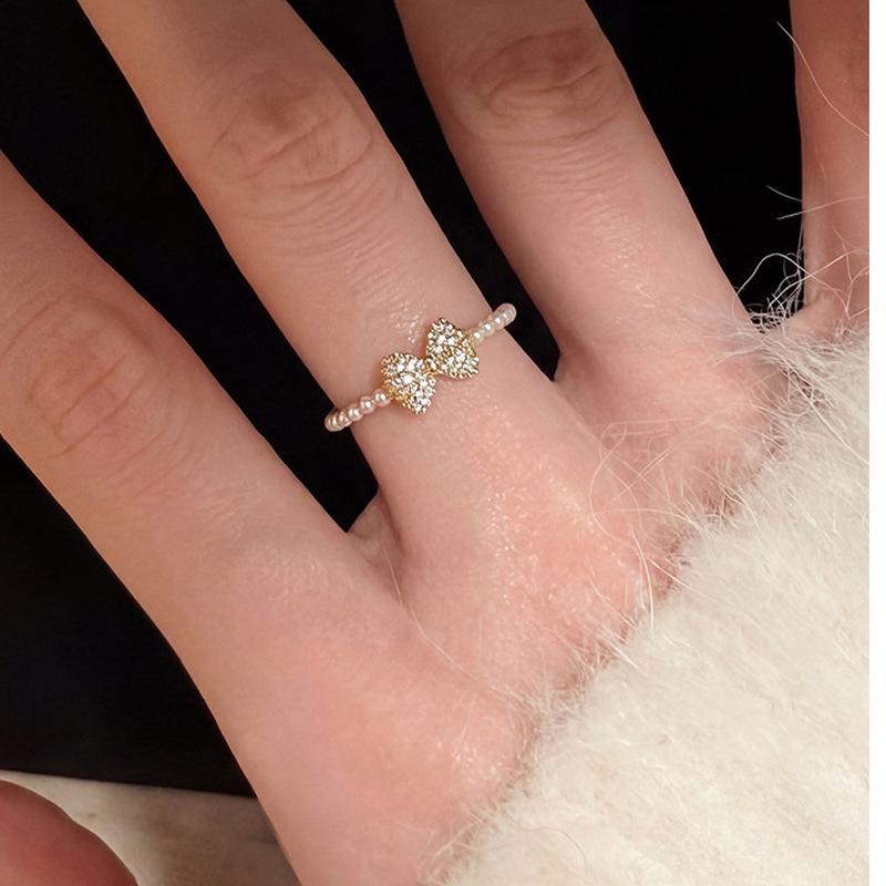 18k Gold Plated Zirconia Bow & Pearl Open Ring - Elegant Luxury Jewelry for Women