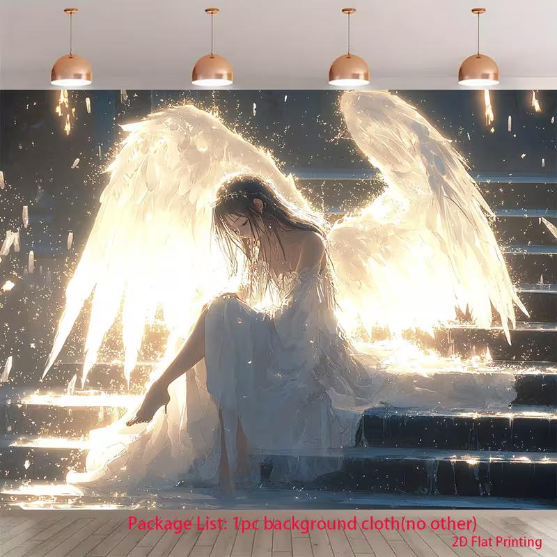 

2D Mystical Fantasy Photography Background, Angel in White Dress on Dark Stairs with Sparkles 47.2x31.5inch/120*80cm