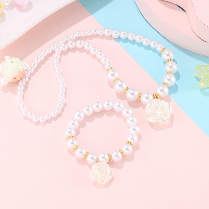 Simple Camellia Handmade Pearl Beaded Bracelet Necklace Ring Set Women Accessries Jewelry Set Gift 1Set