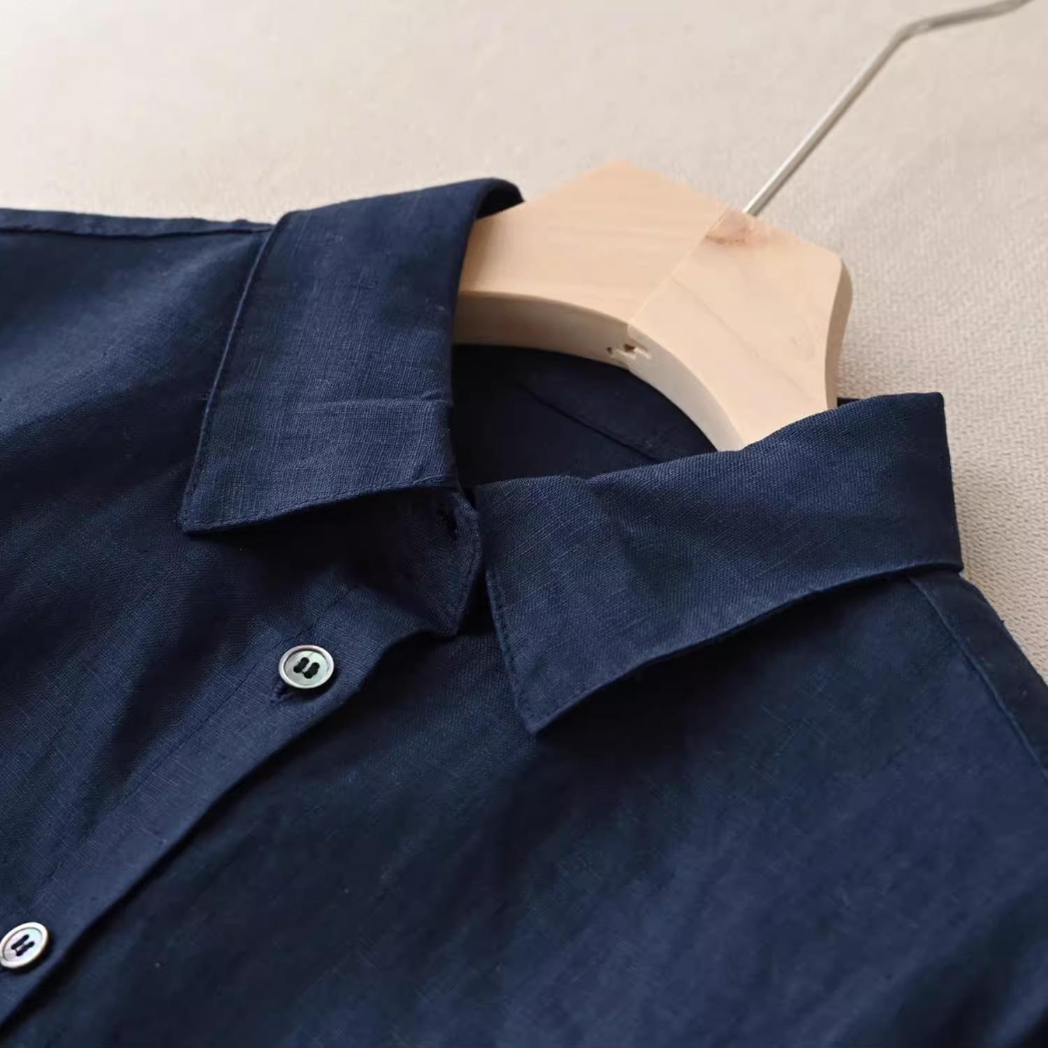 

Women s Tencel Ramie Solid Color Long Sleeve Shirt - Early Autumn Casual Top XXL темно-синий