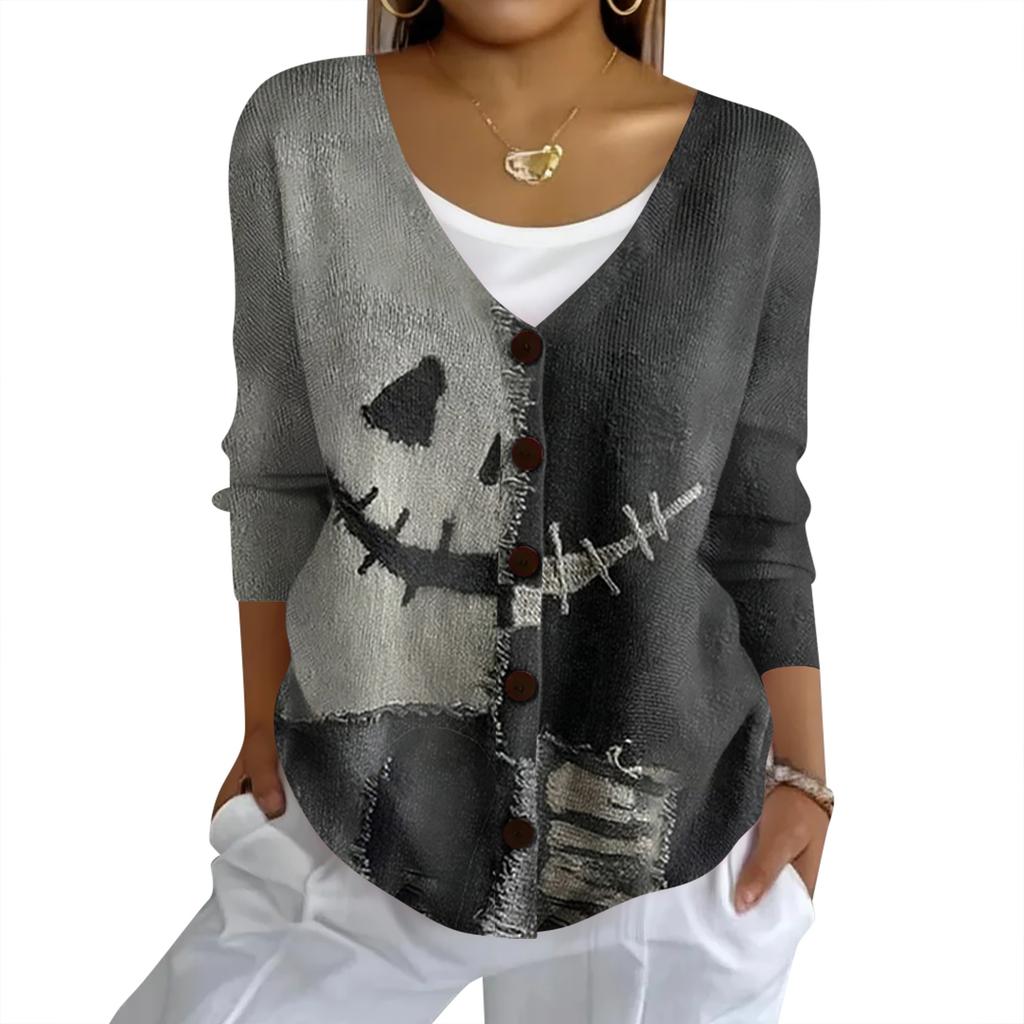 Women's Fashion Casual Knit Sweater Button-Up Halloween Printed  Cardigan Jacket