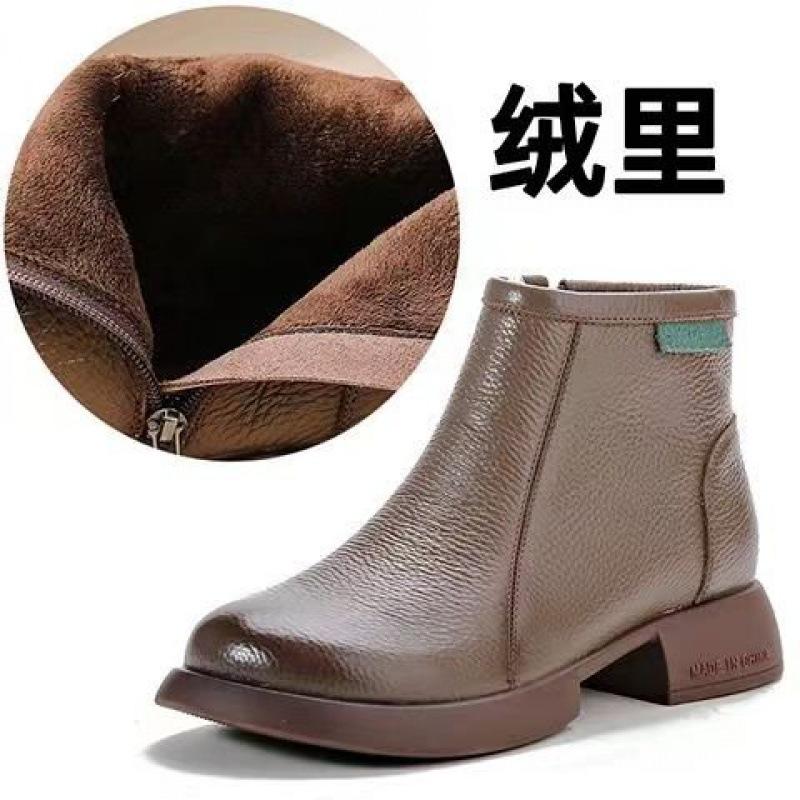 Autumn and Winter New Retro Handmade Women's Leather Boots Thick Heel Soft Sole First Layer Soft Leather Short Boots Literary and Simple Versatile Wo