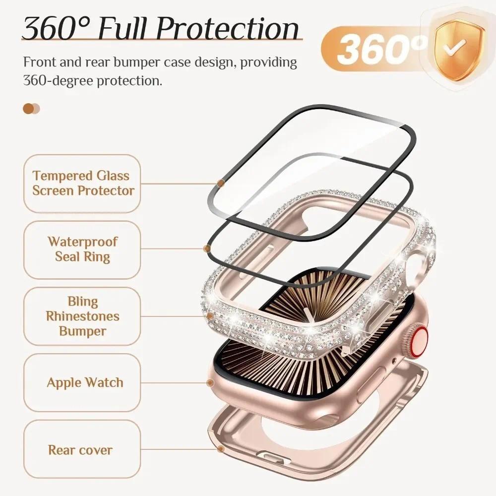 Bling Glass+Cover Case Diamond PC Bumper+Screen Protector For Apple Watch 45mm 44mm 40 41mm Iwatch Series 10 46mm 42mm 9 8 7 5 6