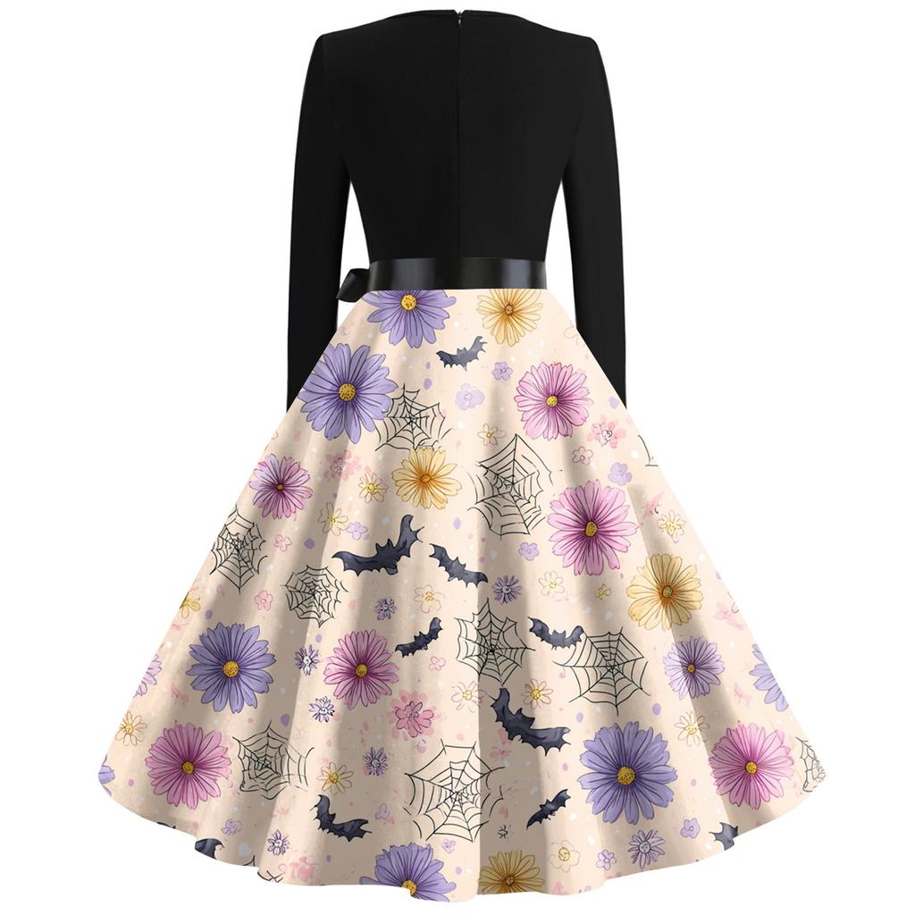 Women's Casual Fashion Halloween Printed V-Neck Vintage Dress