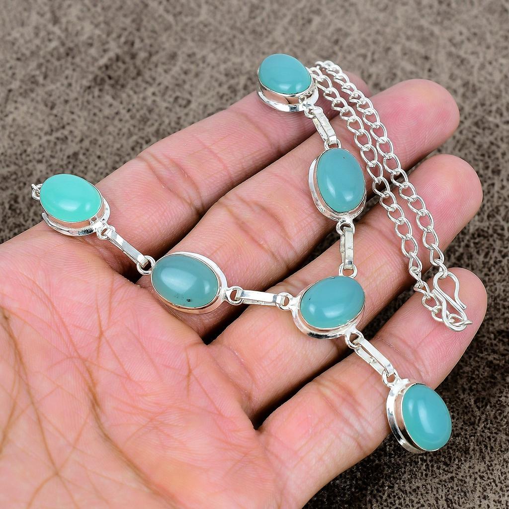 Green Chalcedony Gemstone Handmade 925 Sterling Silver Jewelry Necklace 18" KKG-398