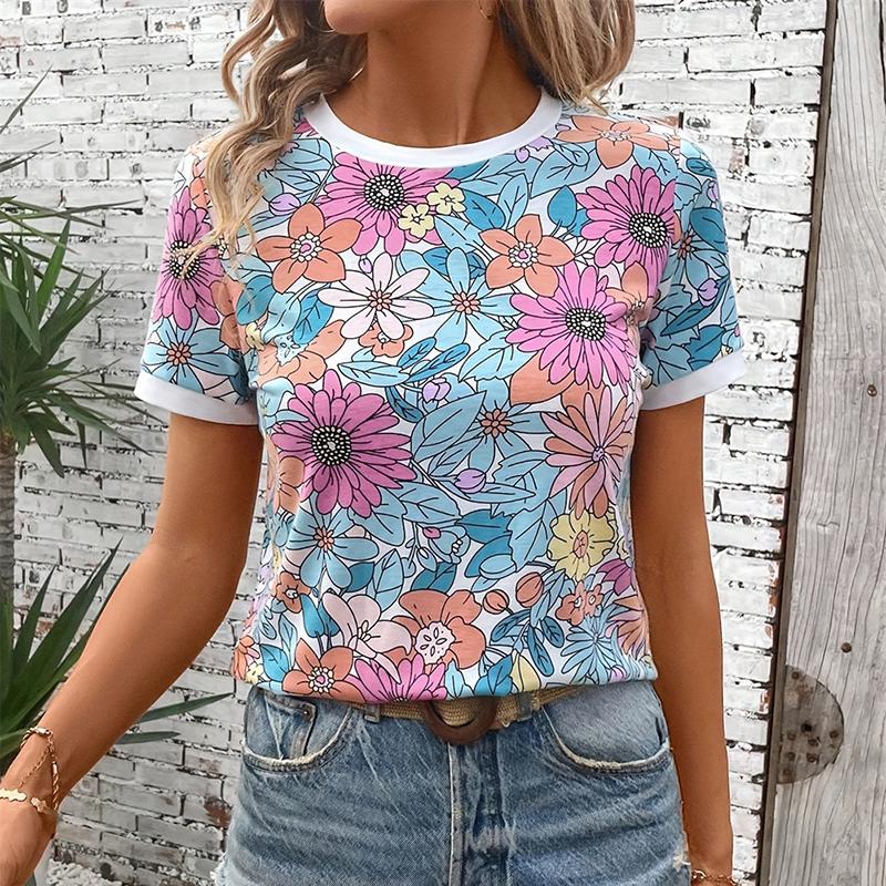 Ladies Summer Short Sleeve O Neck Flower Printed Pullover T Shirt Top