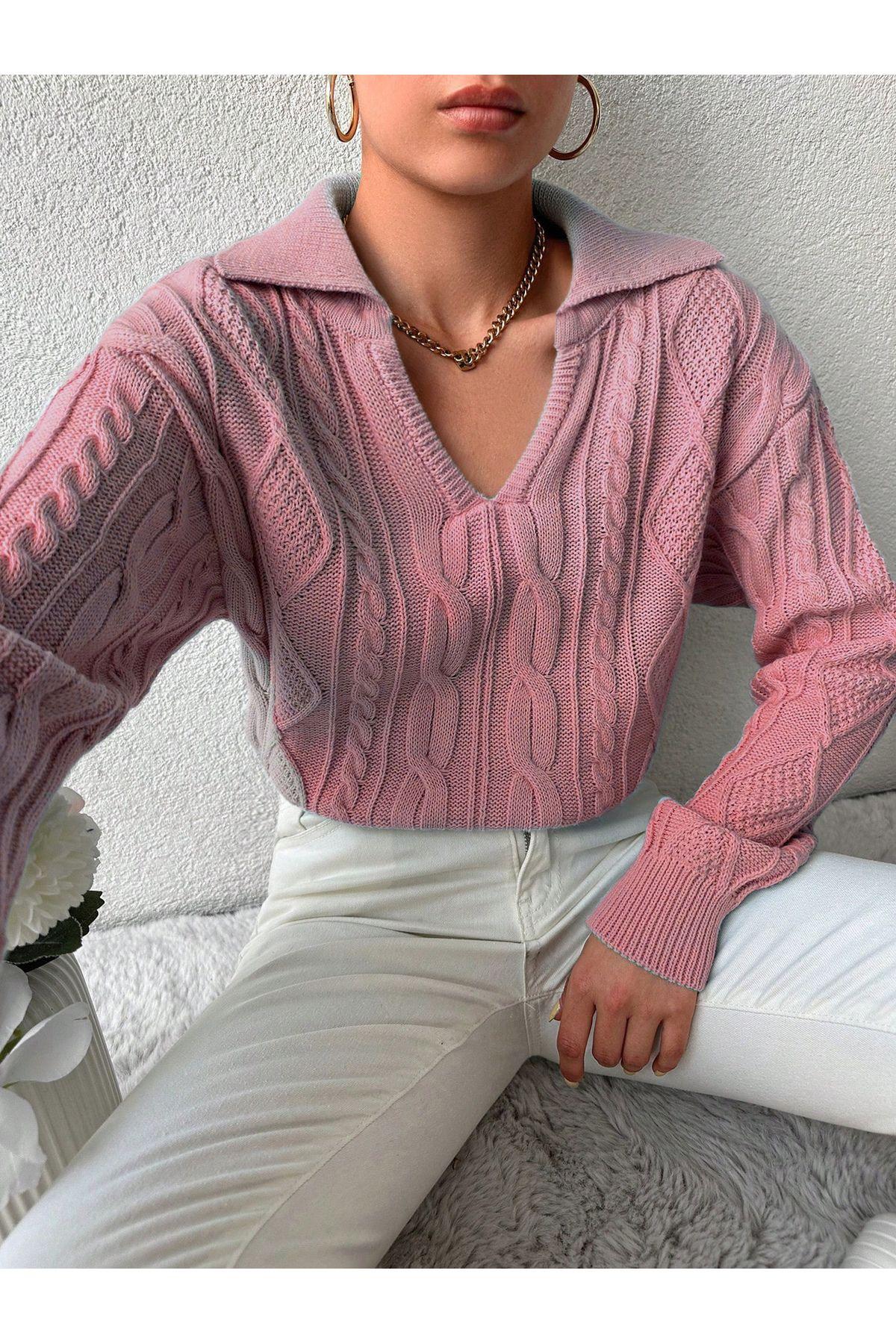 

Women s Style Jumper Knit Patterned V-Neck Knitwear Sweater Pudra L