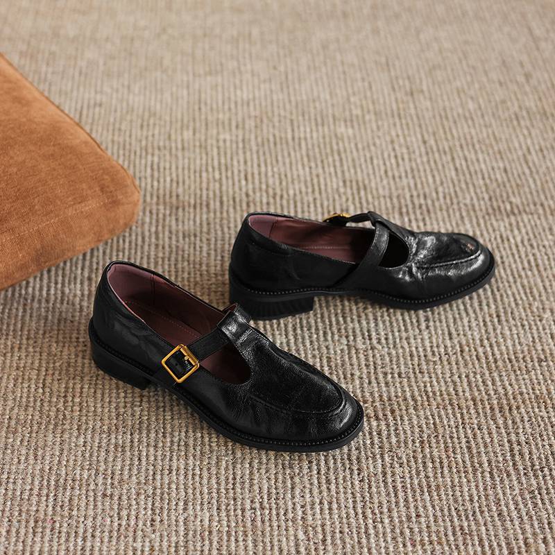 Krazing Pot Sheepskin Round Toe Thick Med Heels Spring Shoes Slip on Big Size 42 Loafers Women Metal Buckle Pleated Pumps
