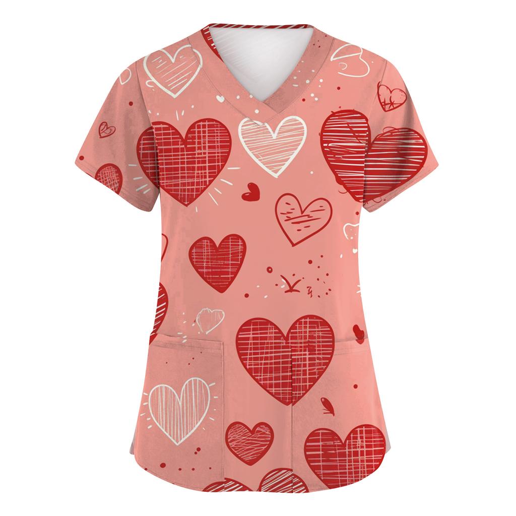 Women V Neck Printed Scrub Top with Heart Pattern Short Sleeve Uniform Top for Veterinary
