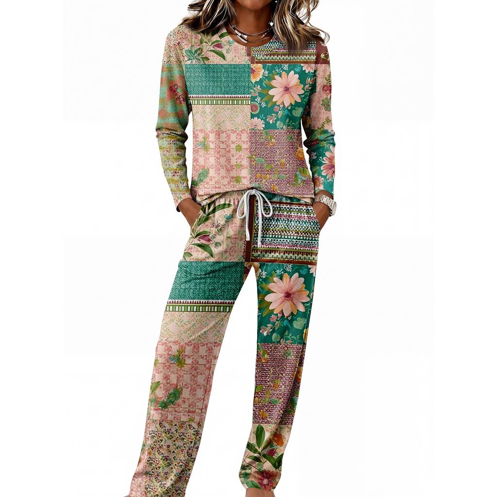 Conjunto de Pijama Casual para Mujer con Top de Cuello Manga Larga y Pantalones Anchos con Cordón para Dormir y