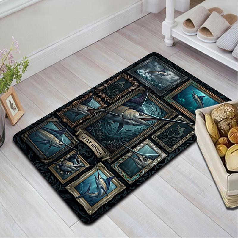 Black Marlin Collection Pattern Rug Floor Mat for Living Room or Bedroom Soft and Comfortable Carpet a Gift for Birthday and Holiday.