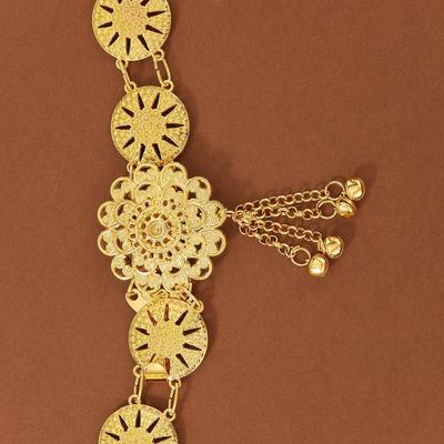 Retro Water-Sprinkling Festival Waist Chain Carved Design Gold Color Thai Belly Waist Chain Flower Pattern Tassel Detail