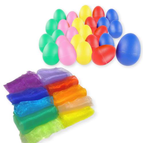 SALUDABLE Egg Shakers (20 Pieces) and Scarves (10 Colors) for Musical Instruments, Maracas, Eurhythmics, and Dance