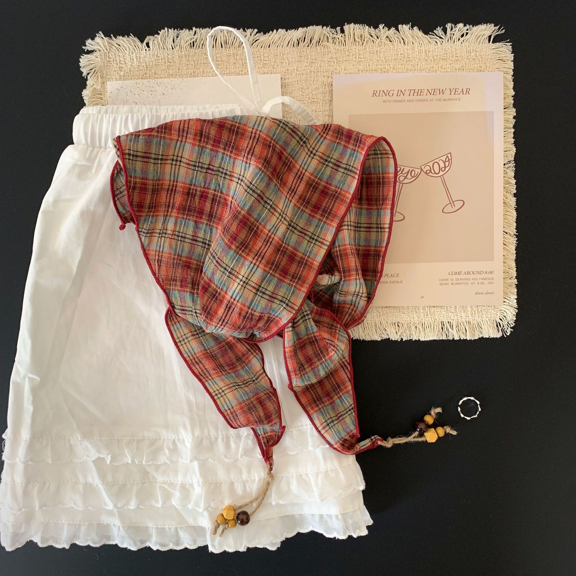 Retro literary and artistic style plaid beaded triangular scarf women s summer Korean version silk scarf accessories neck small scarf 2026 new 50-110
