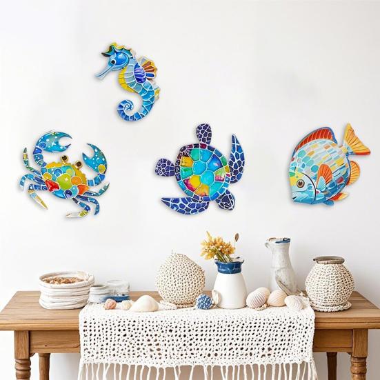 4 Stück Holz Strand Wanddeko Bunte Meeresschildkröte Fisch Krabbe Seepferdchen Außen Skulpturen Meeres-Thema Wandkunst für Gartenzaun Hauswand