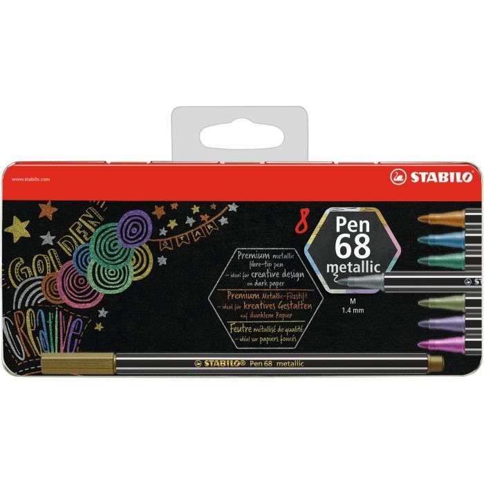 Metallboks x 8 metalliske tusjer STABILO Pen 68 metallic