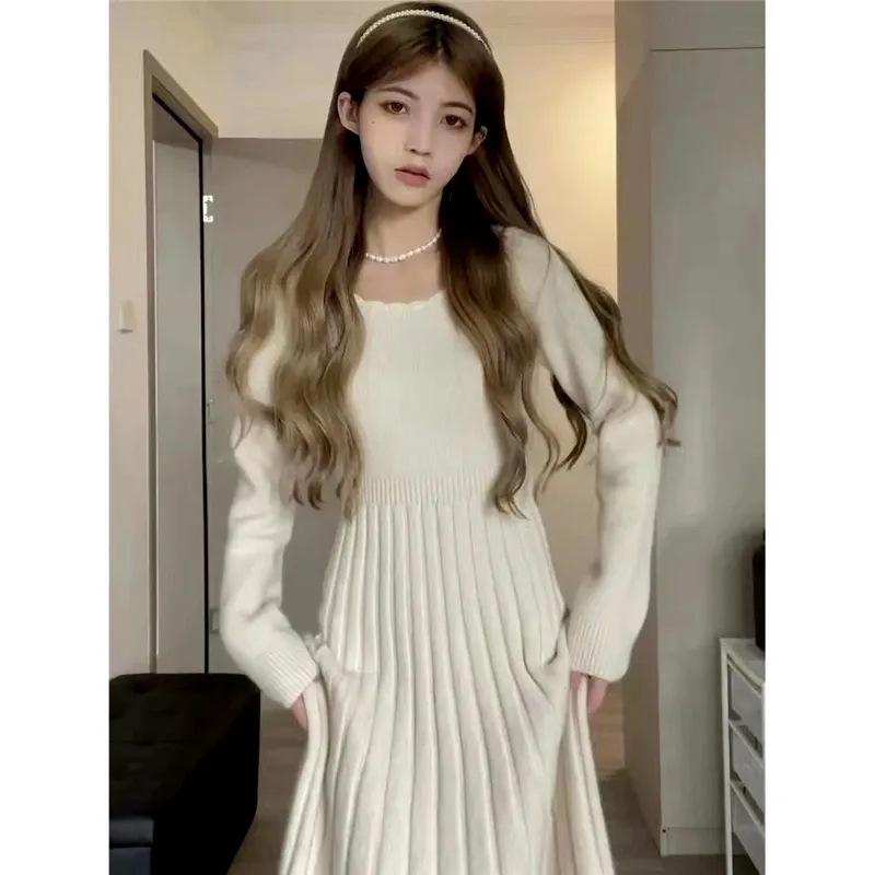 Apricot Long Sleeve Over-the-Knee Simple Thick Autumn Dress