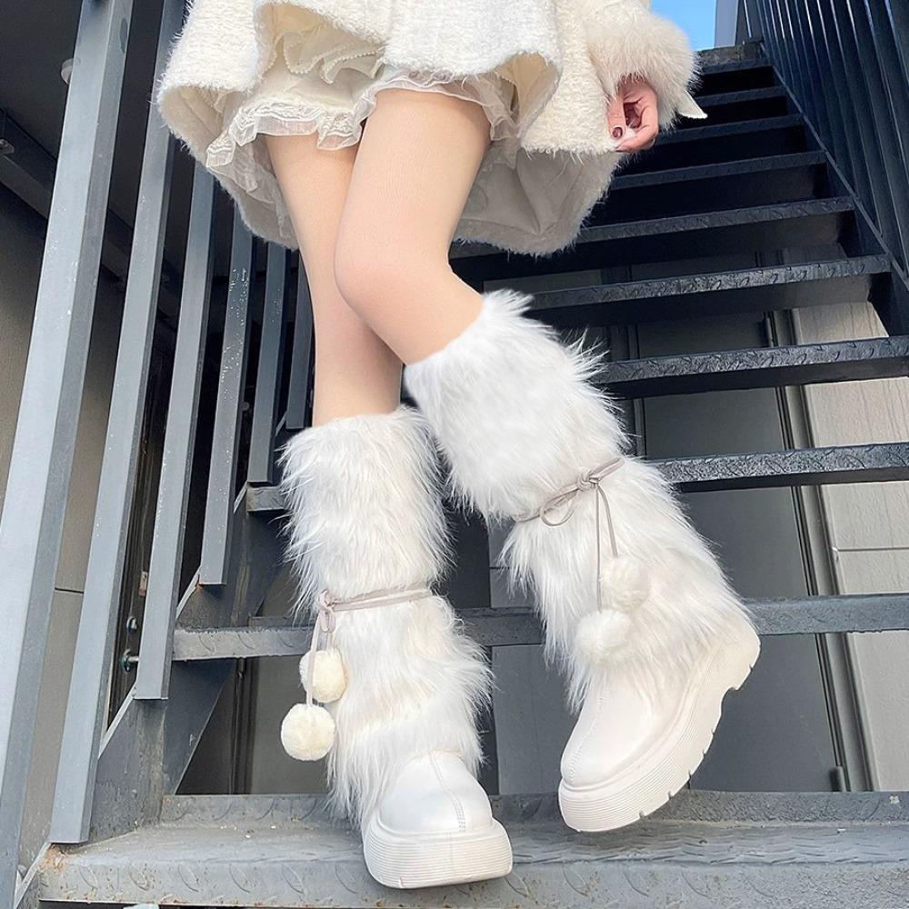 Y2K Winter Leg Warmers Plush Ball Plush Leg Coverings Fashion Furry Leg Warmers  Accessories серый/белый