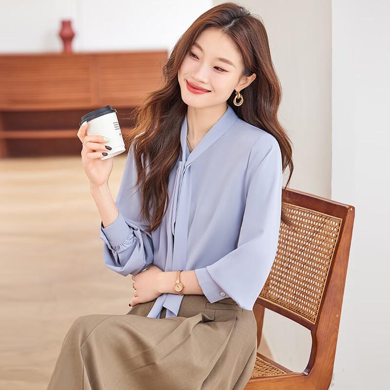 Women's French Style Bow Tie Satin Long Sleeve Blouse