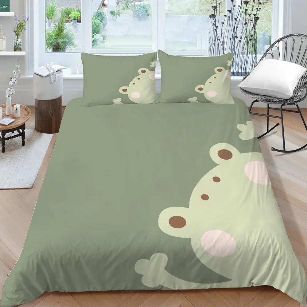 Cartoon Frog Duvet Cover Set King/Queen Size Reptile Animal Theme Bedding Set Cute Green Frog Polyester Comforter Cover for Kids