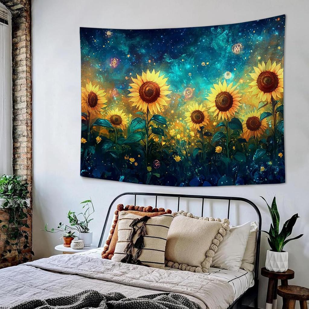 Sunflower Tapestry Galaxy Space Floral Aesthetic Tapestries Starry Sky Nature Hanging Wall Art Decor Home Decoration for Bedroom