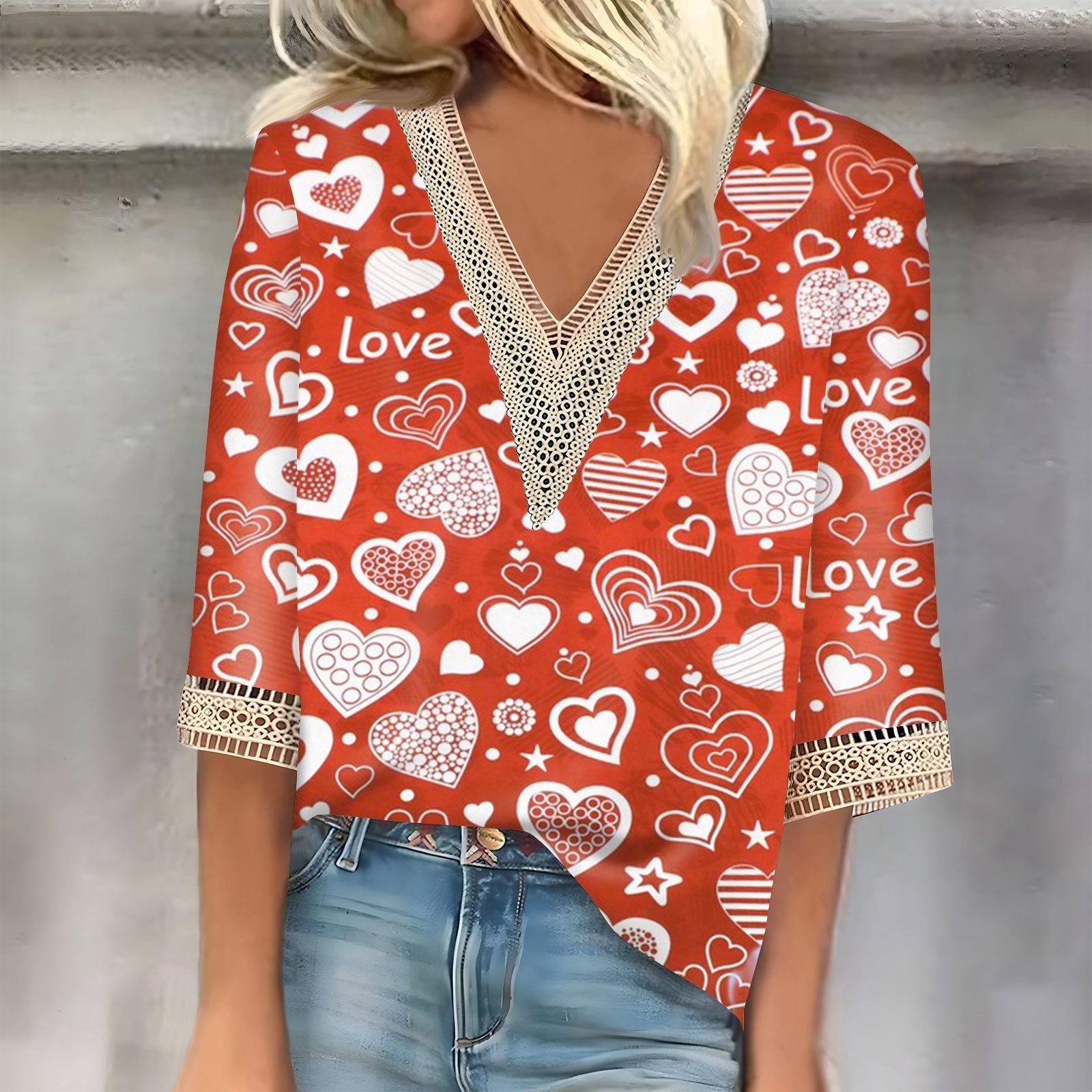 

Женский топ с рукавом три четверти, кружевной, с принтом ко Дню святого Валентина, модный, базовый, с V-образным вырезом, обычный топ XL арбуз красный