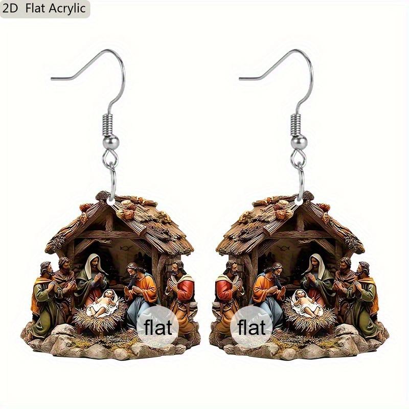 

2D Плоское Искусство Ретро Рождественский Вертеп Узор Христианский Дух Религиозная Живопись Акриловые Серьги-Украшения для Женщин