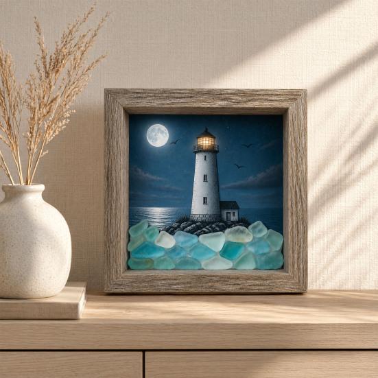 Sea Glass Art Painting with LED Light, DIY Mosaic Arts and Craft Kit, Ocean Themed Painting Kit, Beach Art Kit for Home Office Bookshelf Decoration