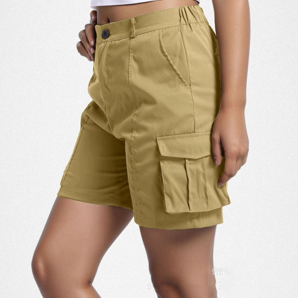 Women Casual Solid Elastic Waist Cargo Shorts with Pockets Relaxed Fit Utility Design for Everyday Wear Outdoor Activities