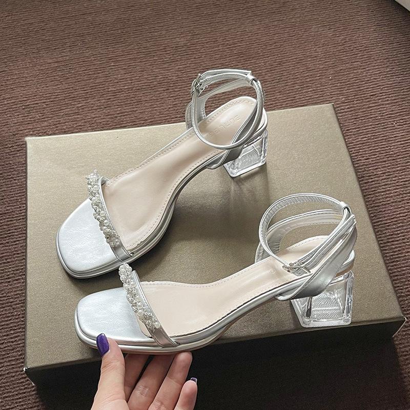 Thick Heel Sandals Female Summer New Fairy Wind Transparent Crystal Diamond Strip High Heel Word with Open Toe Sandals Female
