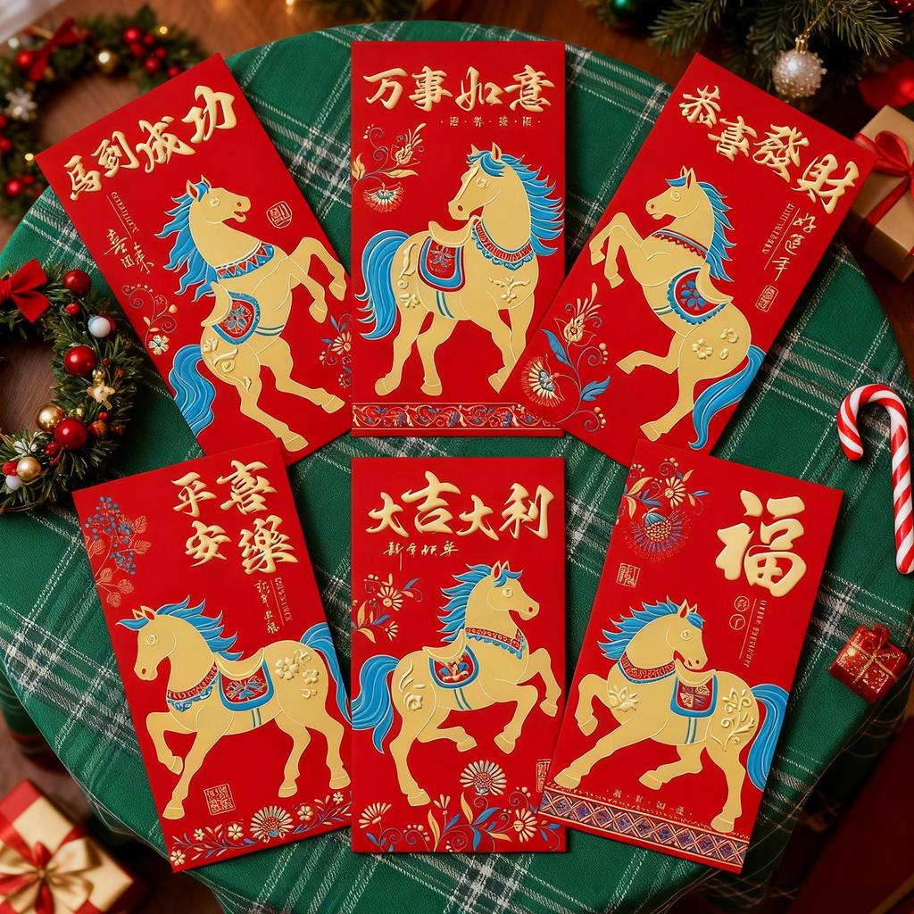2026 Year Of The Horse Chinese Red Envelope 6 Pieces Cartoon Golden New Year Spring Festival Red Envelopes For Kids Boys Girls