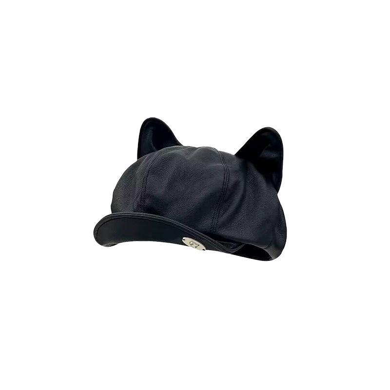 New PU Leather Hat for Women Japanese Retro Cute Cat Ears Beret Autumn Versatile Painter Octagonal Hat
