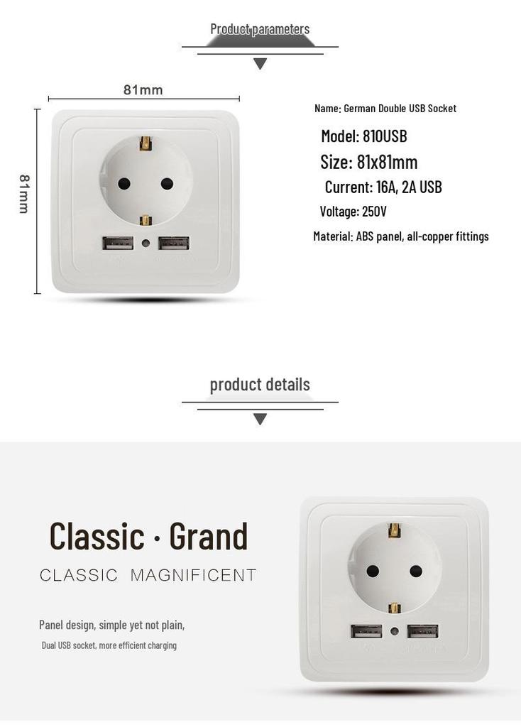 European Style German Standard 16A Wall Socket with Dual USB