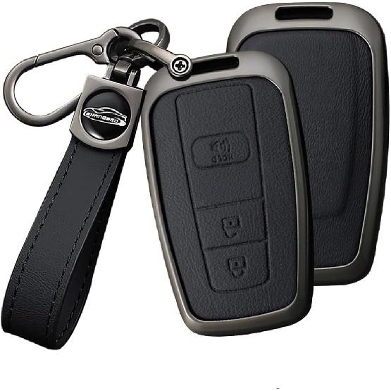 

Чехол для брелока HIBEYO с 3 кнопками, совместимый с Toyota 4Runner 2016-2024 RAV4 Camry Prius Prado, кожаный ключ и; Аксессуары для чехлов для ключей из сплава с A Keychain Black