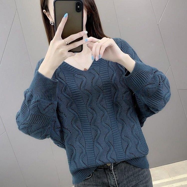 Lazy Bat Sleeve Hollow Knitted Sweater Spring and Autumn Fashion Casual Thin Long-sleeved Top Women's V-neck Pullover