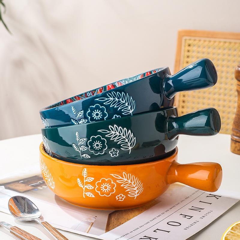 Ceramic Single Handle Bowl Bohemian Creative Relief Handle Bowl Salad Bowl Instant Noodles Dessert Bowl Home Decoration Bowl