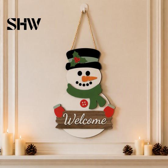 Rustic Christmas Home Accents 2D Wooden Welcome Hanging Sign, Cartoon Santa Snowman Tree Winter Seasonal Ornament Door Hanger with Rope, Xmas