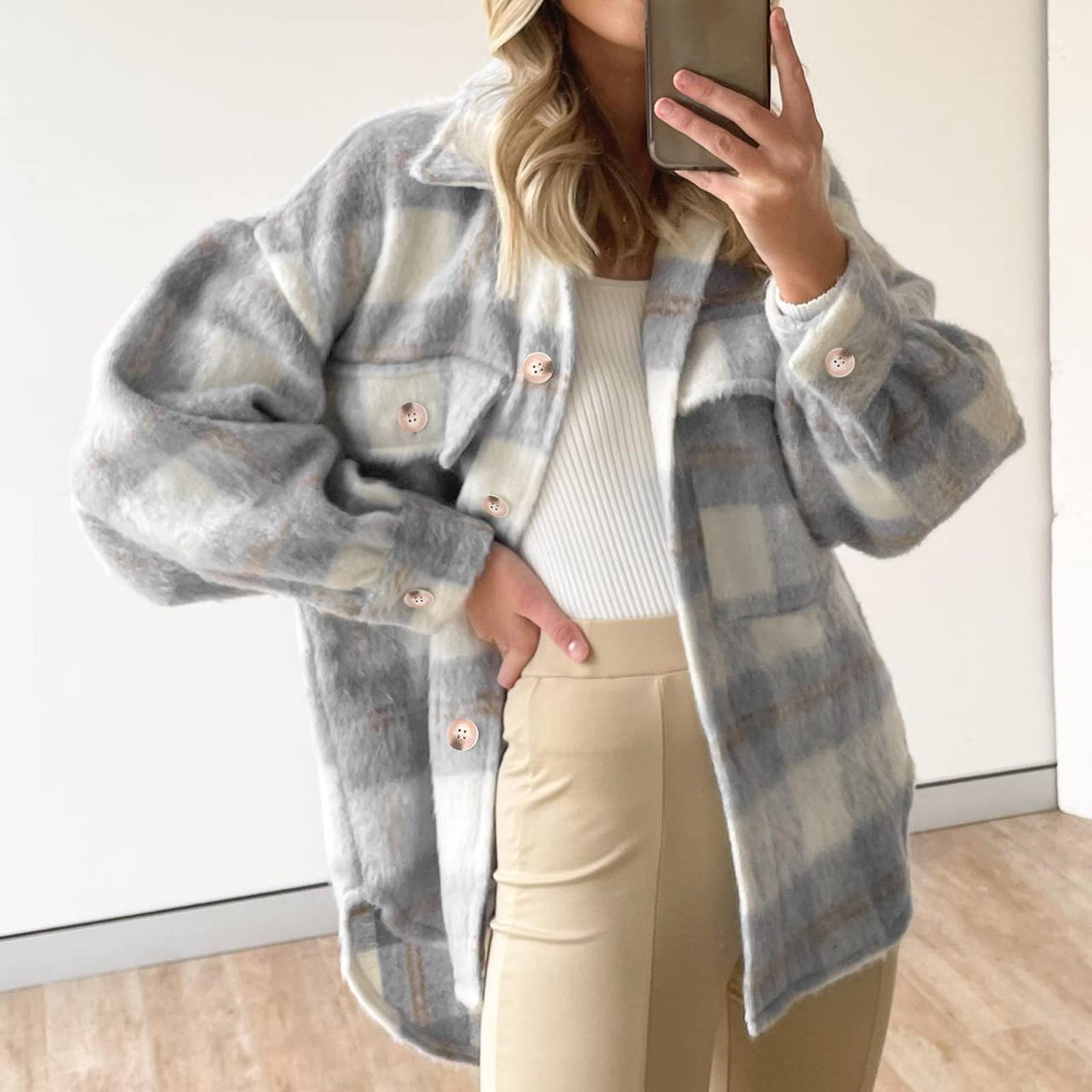 

Модные женские повседневные топы в клетку с длинным рукавом и воротником-стойкой, пальто XXL серый