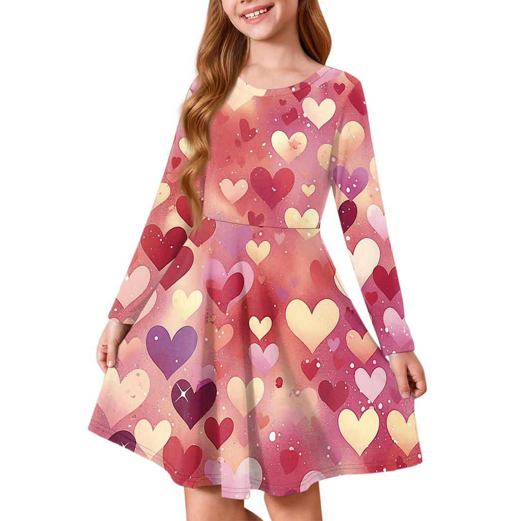Sommer-Prinzessinenkleid für Mädchen - Langärmeliges A-Linien-T-Shirt-Kleid Valentinstag